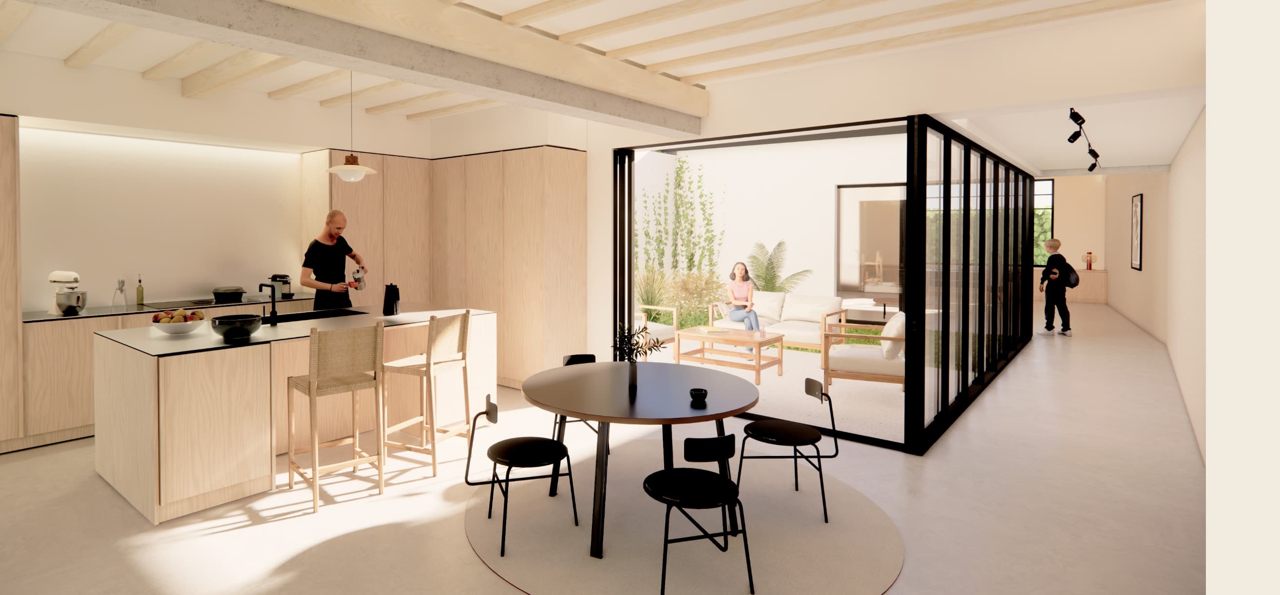 Loft N°01 — cuisine ouverte, îlot central, lumière traversante.