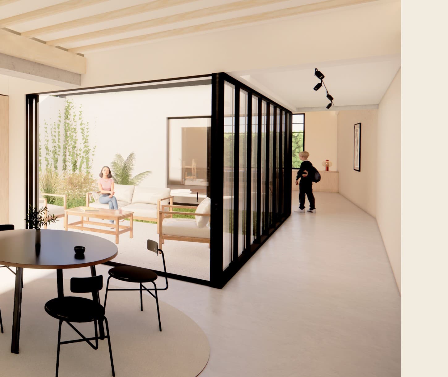 Loft N°01 — détail du salon ouvert sur l'extérieur privatif.
