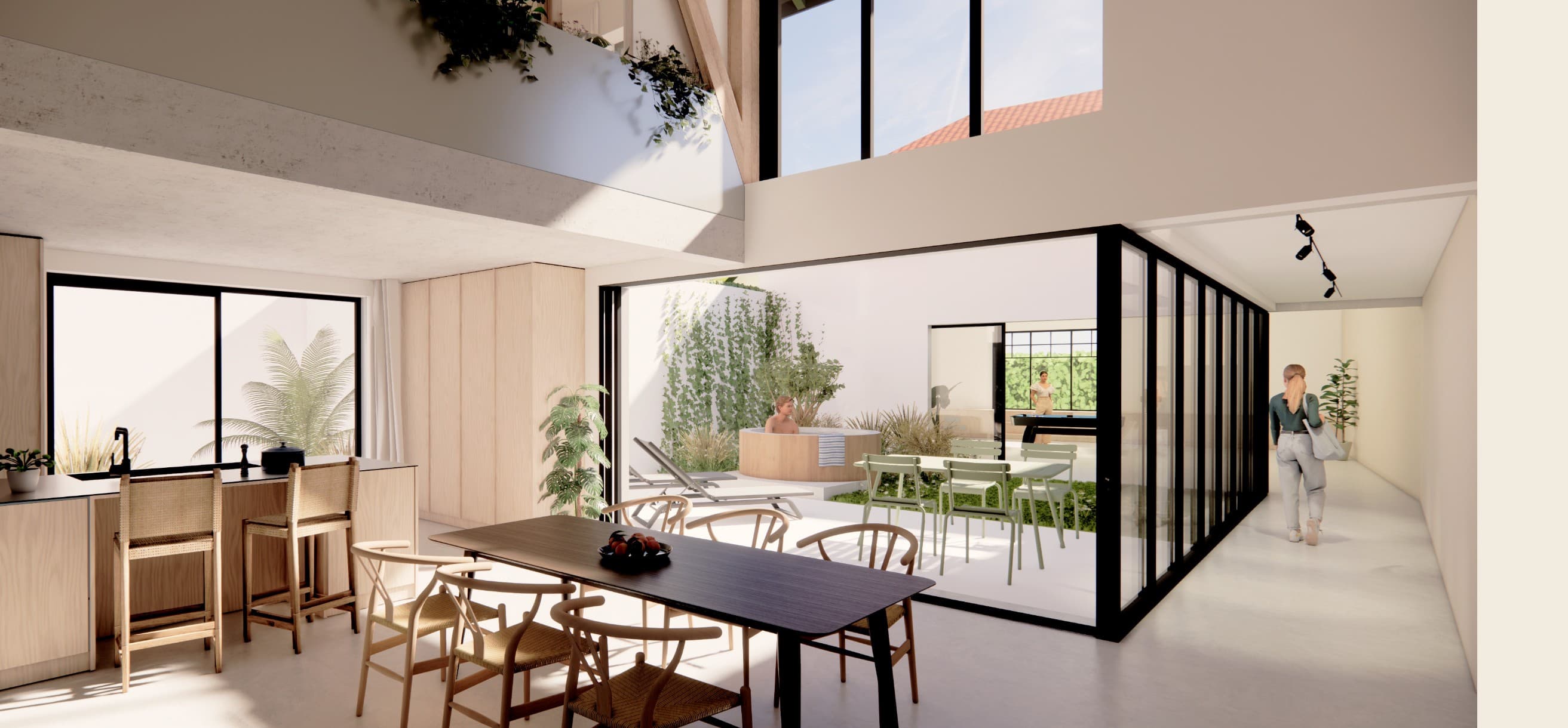 Loft N°03 — vue d'ensemble entre les deux patios.