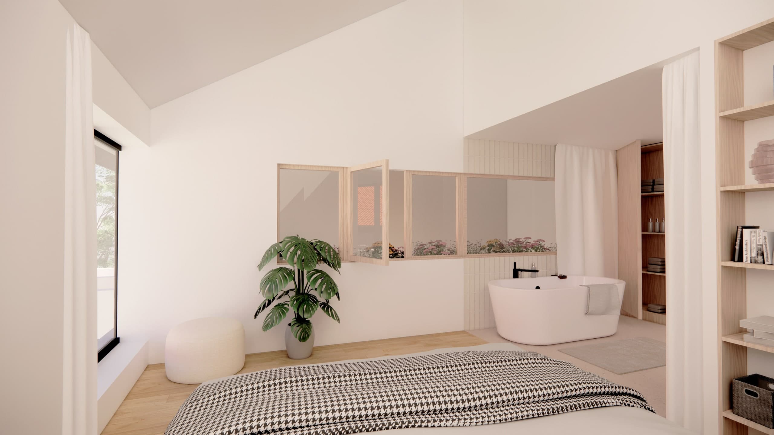 Loft N°03 — suite parentale, baignoire îlot et lumière douce.