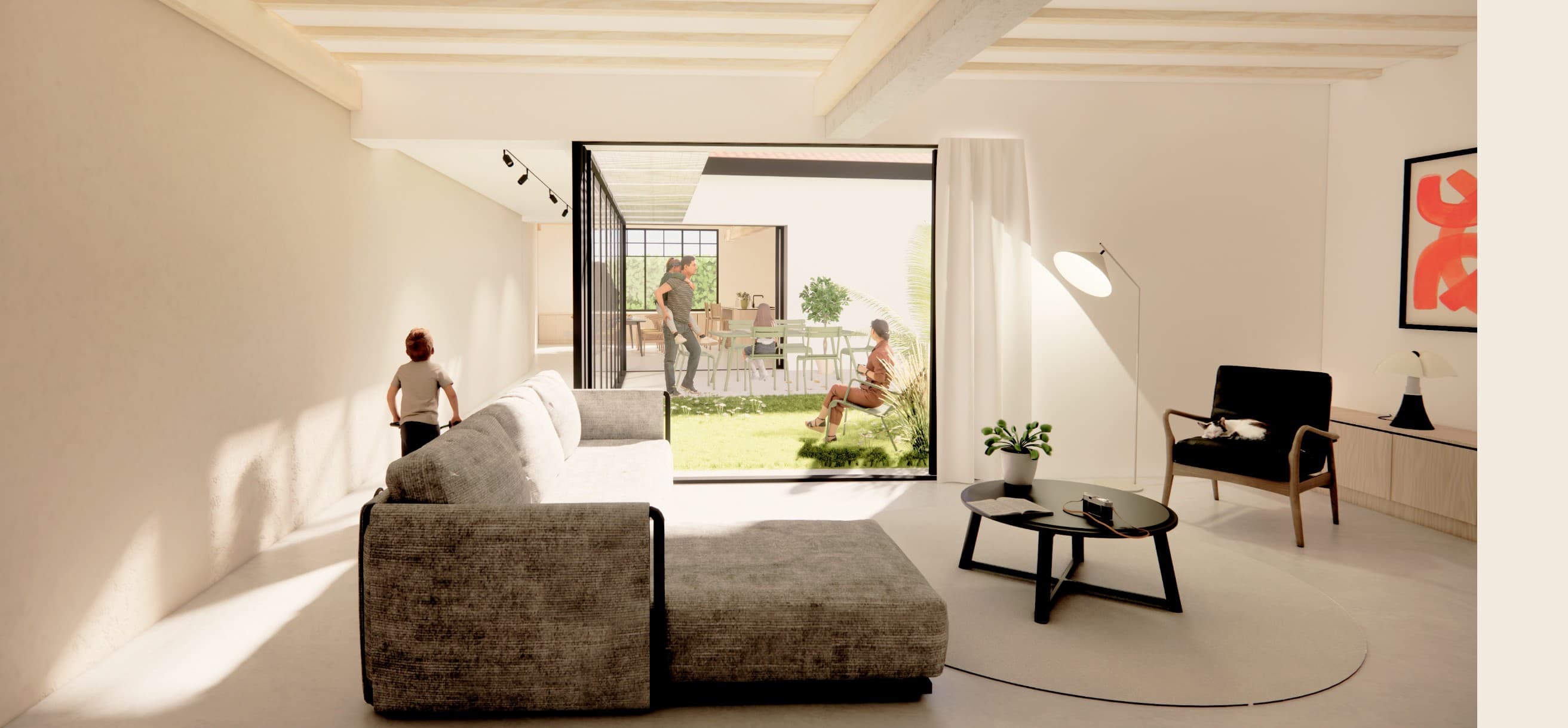 Loft N°04 — vue d'ensemble du séjour ouvert sur le jardin.